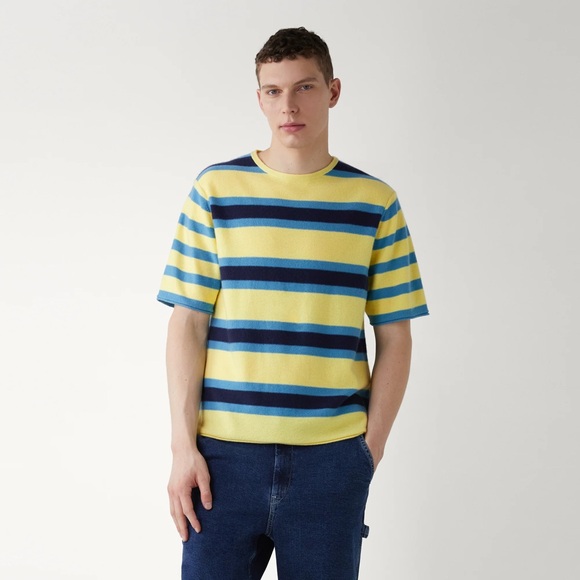 NWT Guest in Residence Cashmere Classic Tee in Striped Daisy/Navy/Teal - Picture 2 of 3